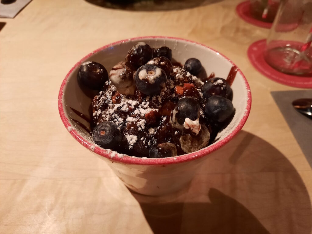 Ein kleiner Topf mit einem Schokoladenmuffin und einigen Blaubeeren.