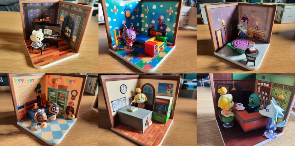 Sechs Fotos sind in diesem Bild vereint. Alle Fotos zeigen unterschiedliche Räume mit Figuren aus dem Spiel Animal Crossing.