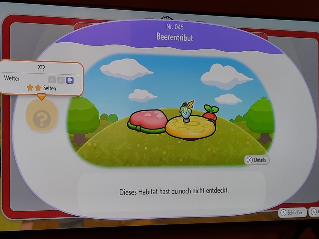 Eine Habitatsinformation in dem Spiel Pokopia. Das Habitat "Beerentribut" besteht aus einem Tisch, einem Stuhl, einem Kissen und einer Lampe. Alle Möbel erinnern an die verschiedenen Beeren, die es im Spiel gibt.
