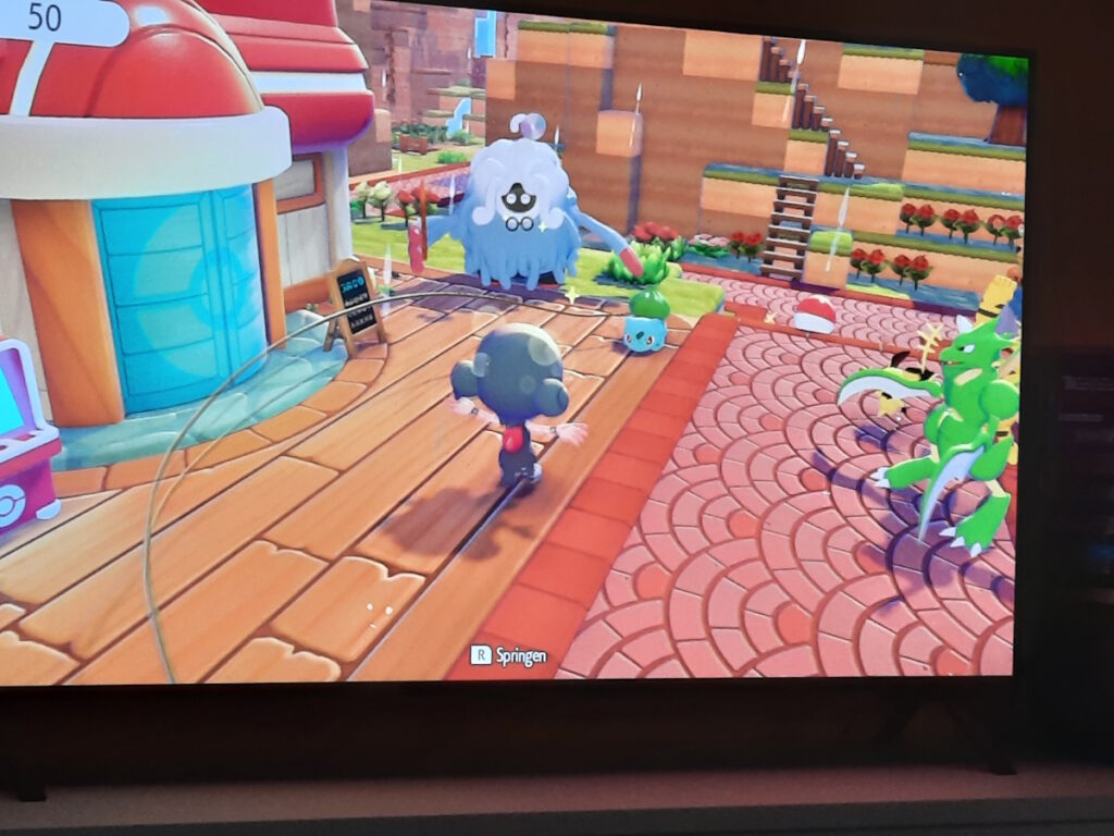 Der Platz vor dem Pokécenter in Welkwüstia. Im Hintergrund ist Bisasam zu sehen, dessen Rankenschnur als Seil zum Seilspringen für Ditto dient.